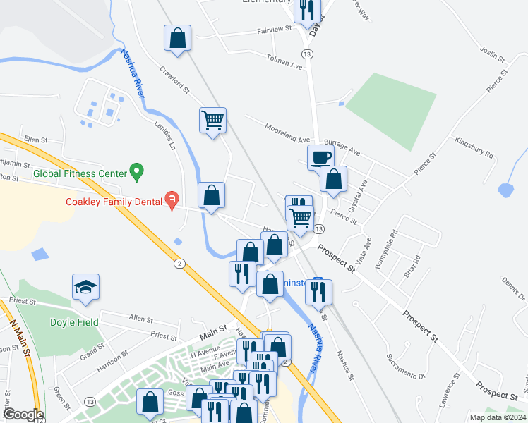 map of restaurants, bars, coffee shops, grocery stores, and more near 37 Hamilton Street in Leominster