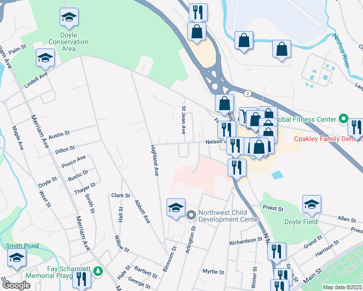 map of restaurants, bars, coffee shops, grocery stores, and more near 37 Dimassa Drive in Leominster