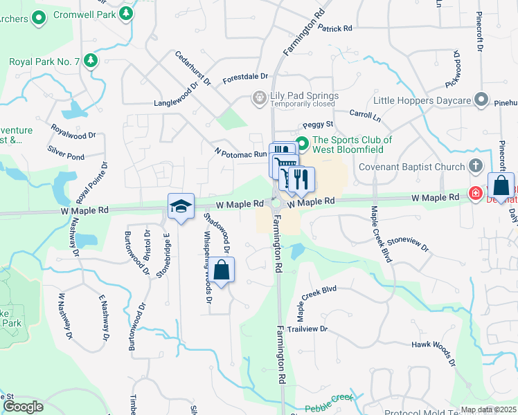 map of restaurants, bars, coffee shops, grocery stores, and more near 6511 Leigh Hollow Drive in West Bloomfield Township