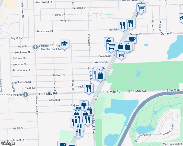 map of restaurants, bars, coffee shops, grocery stores, and more near 20735 Williamson Street in Clinton Township