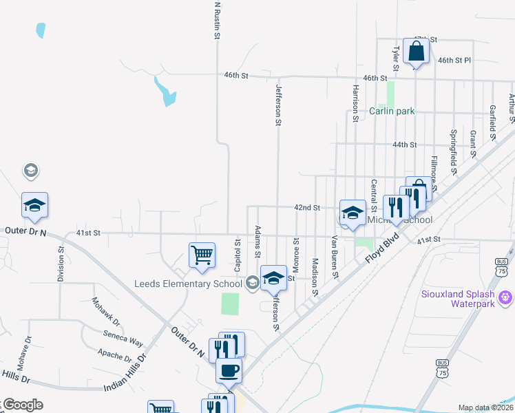 map of restaurants, bars, coffee shops, grocery stores, and more near 4199 Adams Street in Sioux City