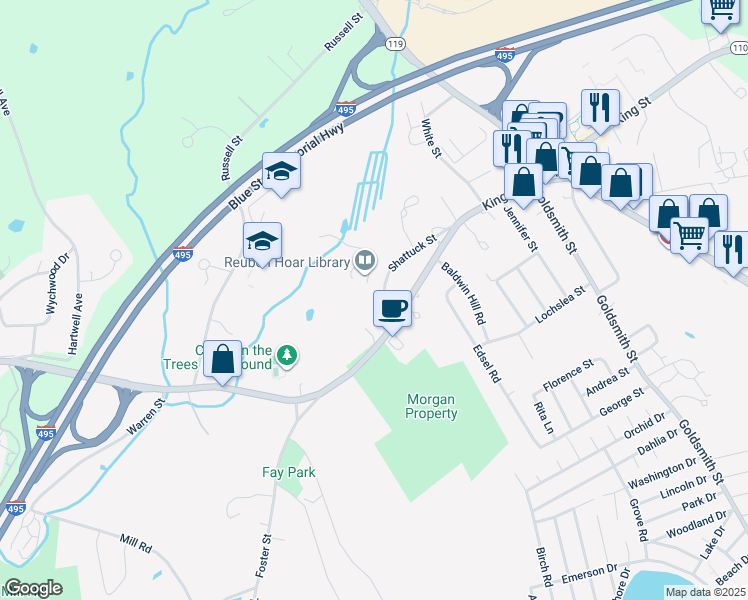 map of restaurants, bars, coffee shops, grocery stores, and more near 41 Shattuck Street in Littleton