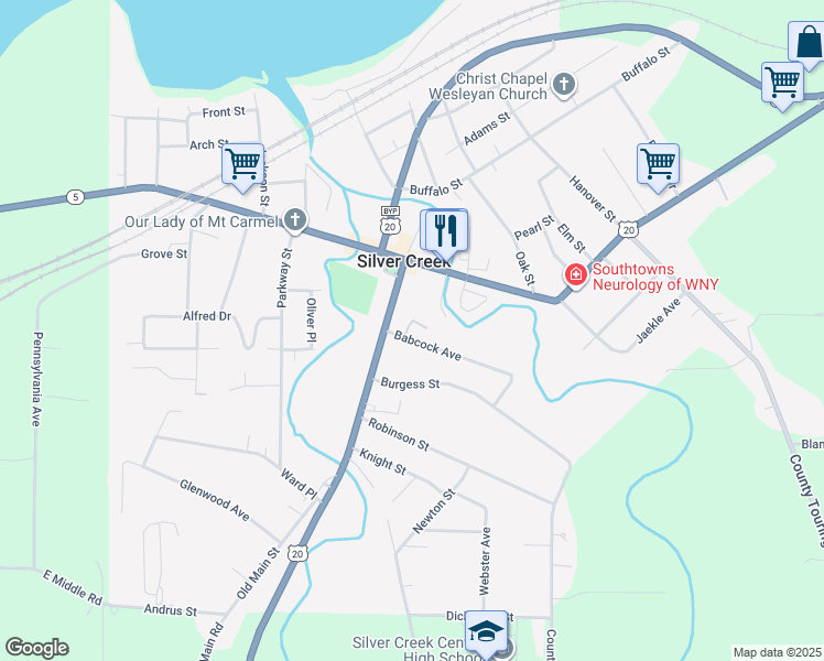 map of restaurants, bars, coffee shops, grocery stores, and more near 60 Main Street in Silver Creek