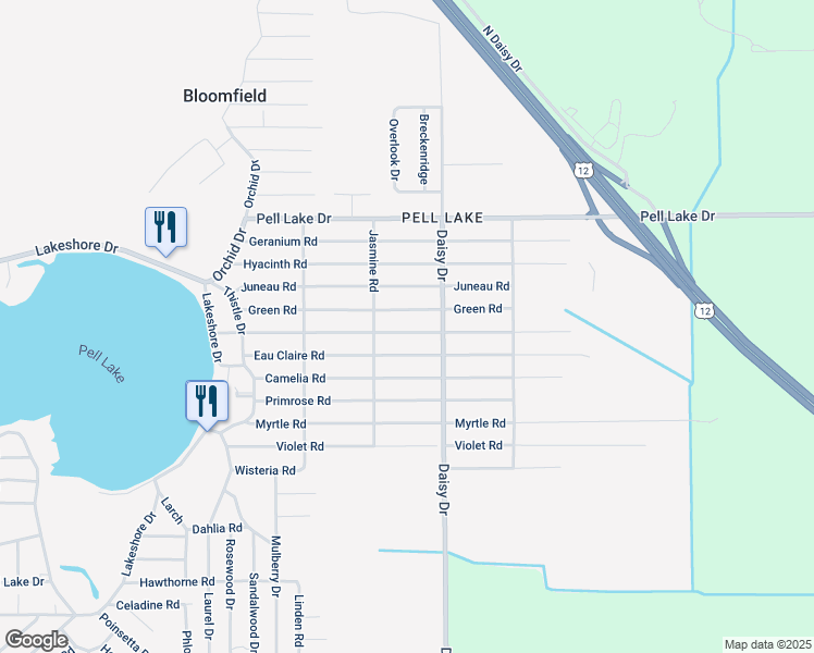 map of restaurants, bars, coffee shops, grocery stores, and more near W930 Florence Road in Genoa City
