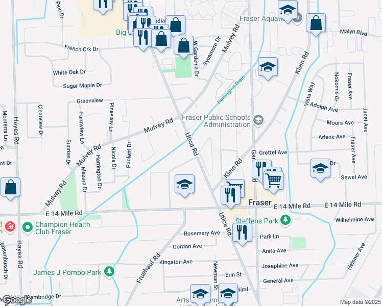 map of restaurants, bars, coffee shops, grocery stores, and more near 33323 Utica Road in Fraser