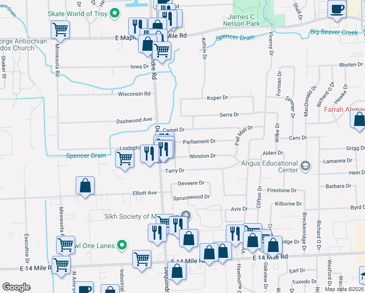 map of restaurants, bars, coffee shops, grocery stores, and more near 2078 Camel Drive in Sterling Heights