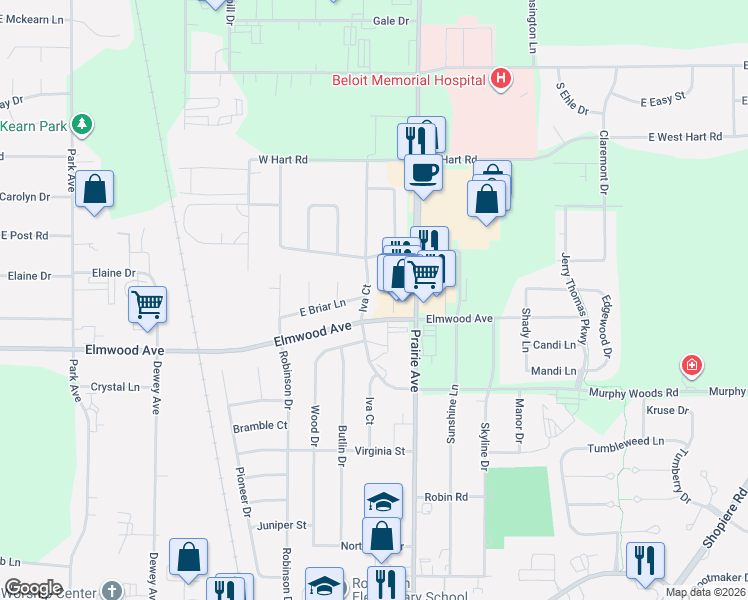 map of restaurants, bars, coffee shops, grocery stores, and more near 2635 Iva Court in Beloit