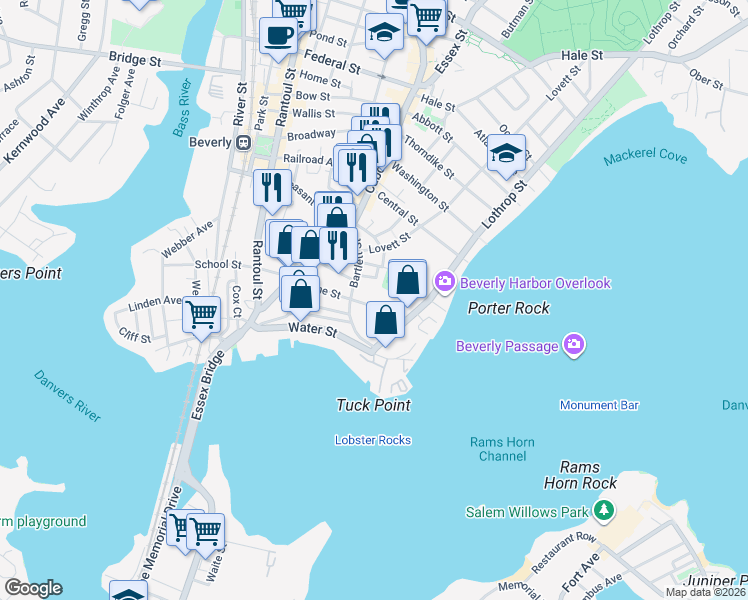 map of restaurants, bars, coffee shops, grocery stores, and more near 15 Fossa Terrace in Beverly