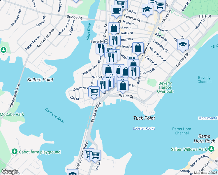 map of restaurants, bars, coffee shops, grocery stores, and more near 25 Cox Court in Beverly
