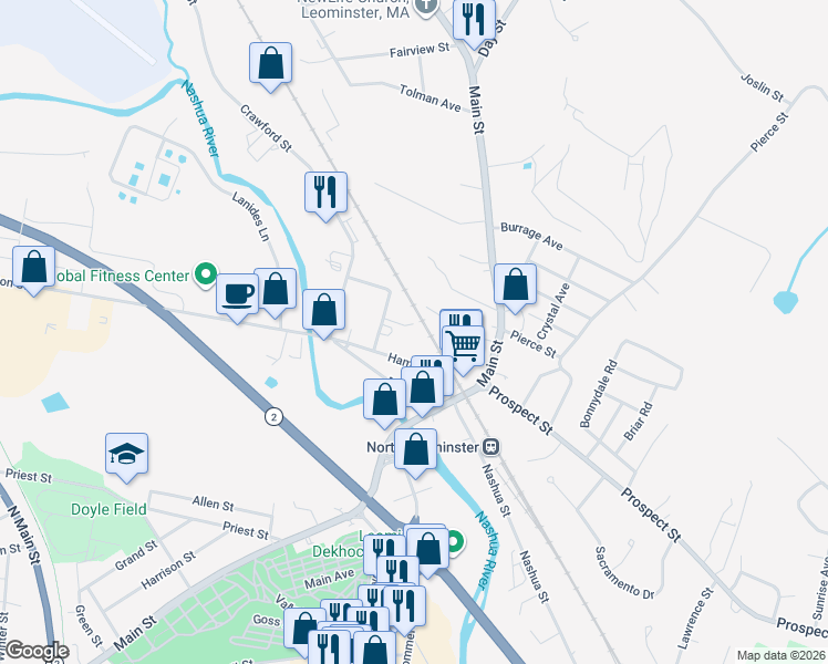 map of restaurants, bars, coffee shops, grocery stores, and more near 35-41 Fairmount Place in Leominster