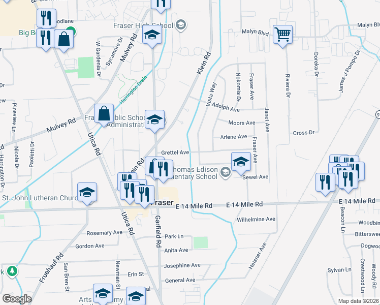 map of restaurants, bars, coffee shops, grocery stores, and more near in Fraser