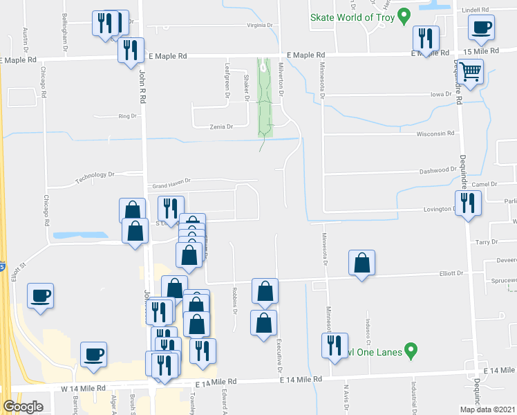 map of restaurants, bars, coffee shops, grocery stores, and more near 2612 Lovington Drive in Troy