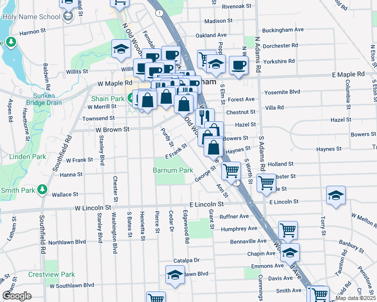 map of restaurants, bars, coffee shops, grocery stores, and more near 566 Ann Street in Birmingham