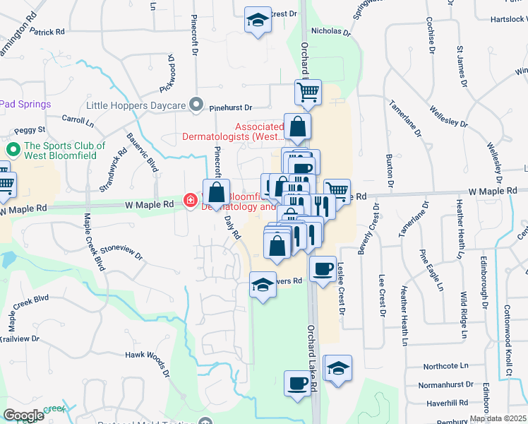 map of restaurants, bars, coffee shops, grocery stores, and more near 4196 Colorado Lane in West Bloomfield Township