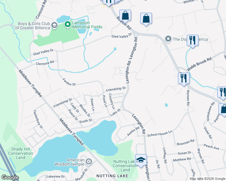 map of restaurants, bars, coffee shops, grocery stores, and more near 33 Country Lane in Billerica