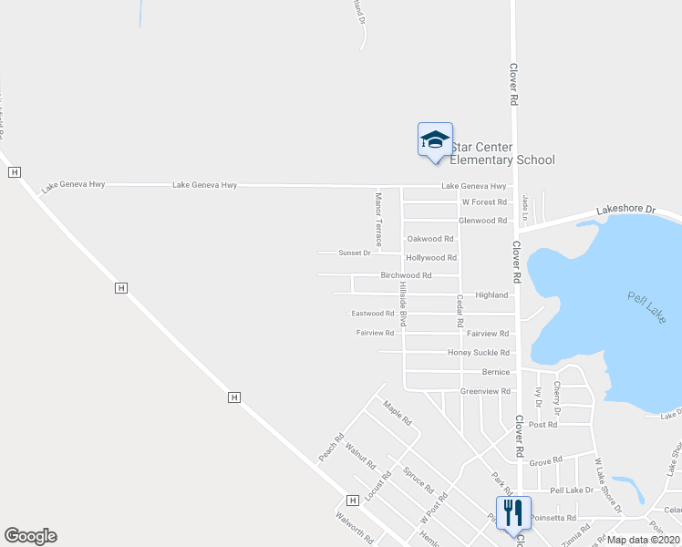 map of restaurants, bars, coffee shops, grocery stores, and more near 1498 Birchwood Road in Lake Geneva