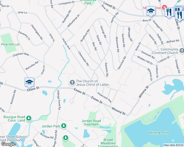 map of restaurants, bars, coffee shops, grocery stores, and more near 3 Clearwater Road in Peabody
