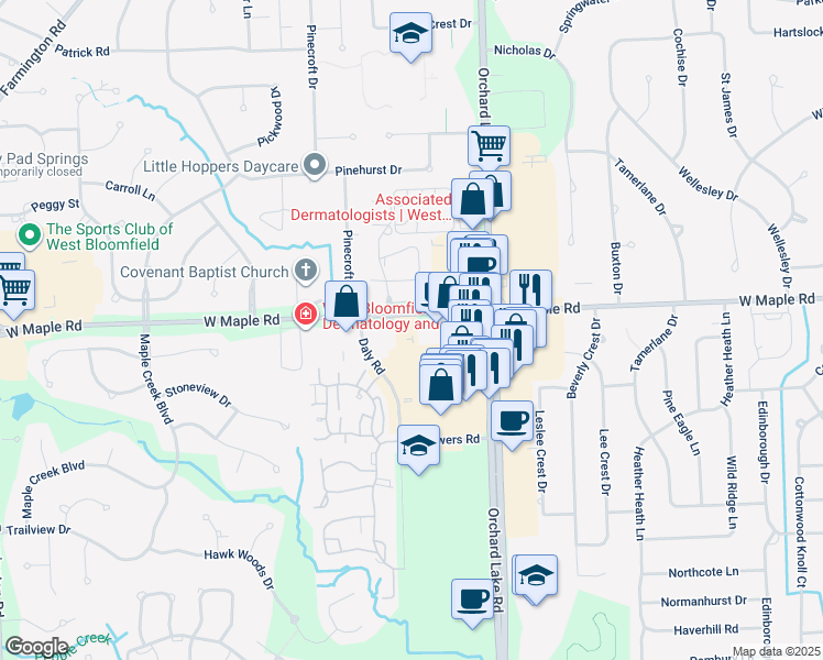 map of restaurants, bars, coffee shops, grocery stores, and more near 4196 Colorado Lane in West Bloomfield Township
