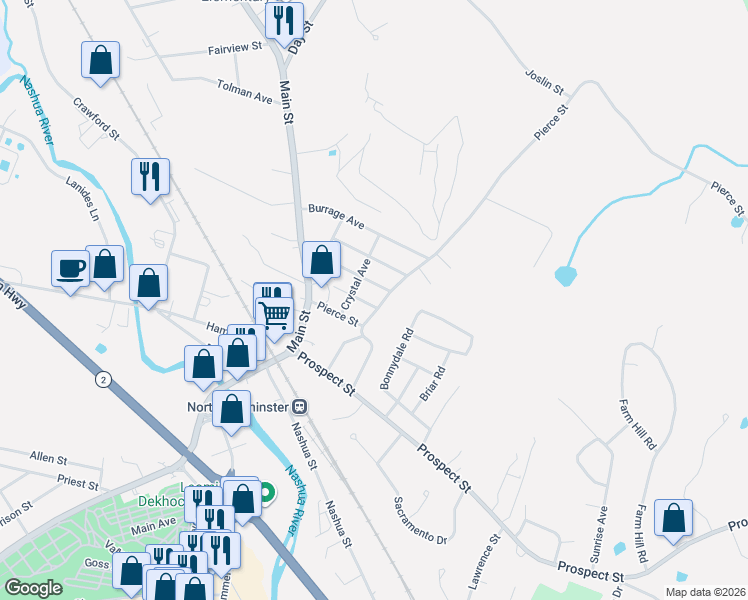map of restaurants, bars, coffee shops, grocery stores, and more near 17 Blanchard Street in Leominster