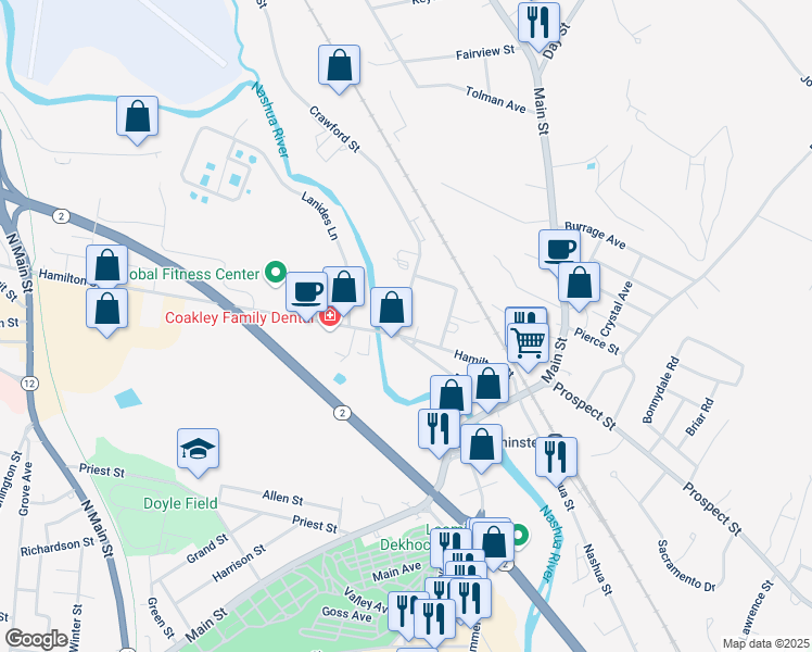 map of restaurants, bars, coffee shops, grocery stores, and more near 23 Crawford Street in Leominster