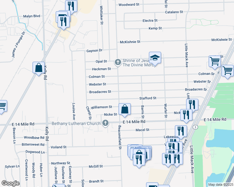 map of restaurants, bars, coffee shops, grocery stores, and more near 19630 Webster Street in Clinton Township