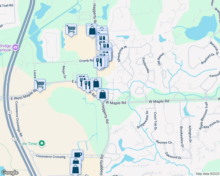 map of restaurants, bars, coffee shops, grocery stores, and more near 6597 Berry Creek Lane in West Bloomfield Township