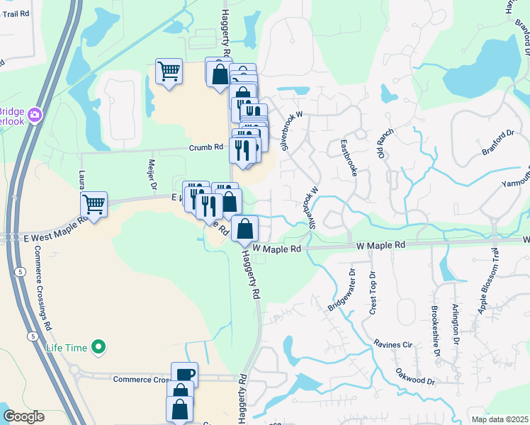map of restaurants, bars, coffee shops, grocery stores, and more near 6597 Berry Creek Lane in Oakland County