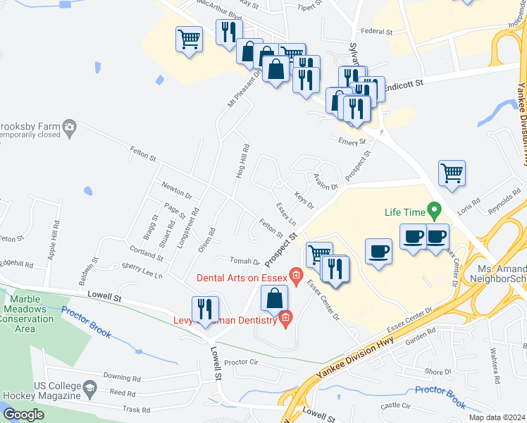 map of restaurants, bars, coffee shops, grocery stores, and more near 7 Felton Street in Peabody
