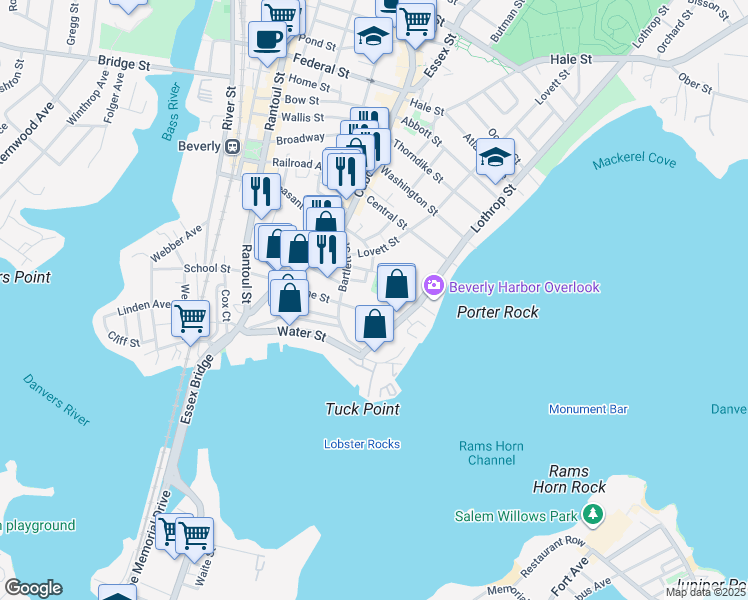 map of restaurants, bars, coffee shops, grocery stores, and more near 40 Stone Street in Beverly