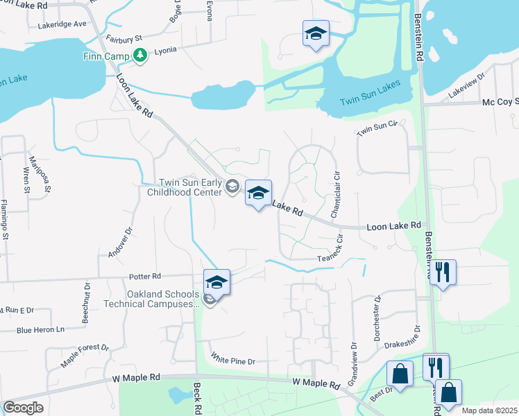 map of restaurants, bars, coffee shops, grocery stores, and more near 2151 Loon Lake Road in Wixom