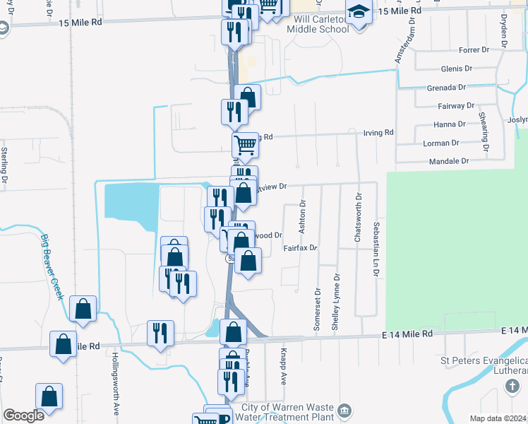 map of restaurants, bars, coffee shops, grocery stores, and more near 33815 Elford Drive in Sterling Heights