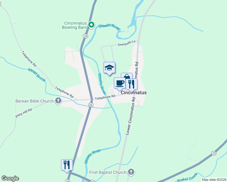 map of restaurants, bars, coffee shops, grocery stores, and more near 5719 Telephone Road in Cincinnatus