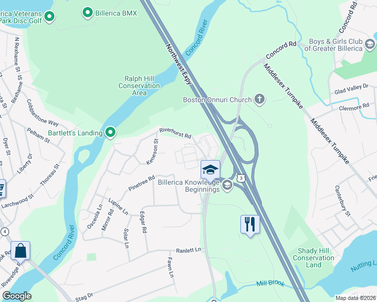 map of restaurants, bars, coffee shops, grocery stores, and more near 4 Riverhurst Road in Billerica
