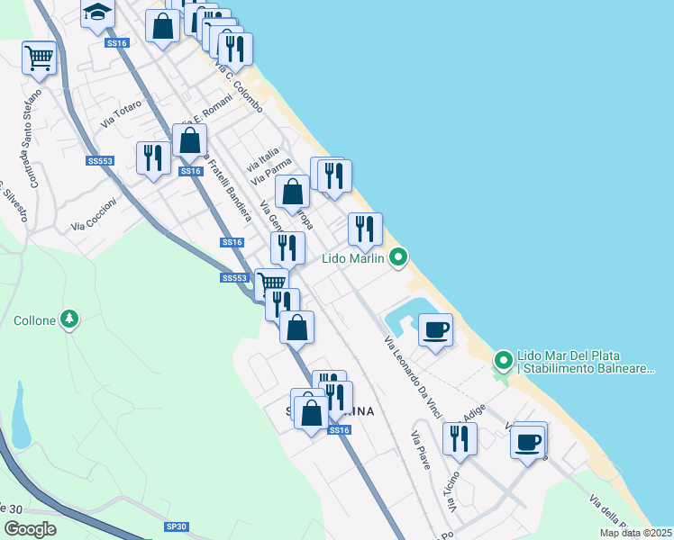 map of restaurants, bars, coffee shops, grocery stores, and more near 1 Via Dante Alighieri in Silvi