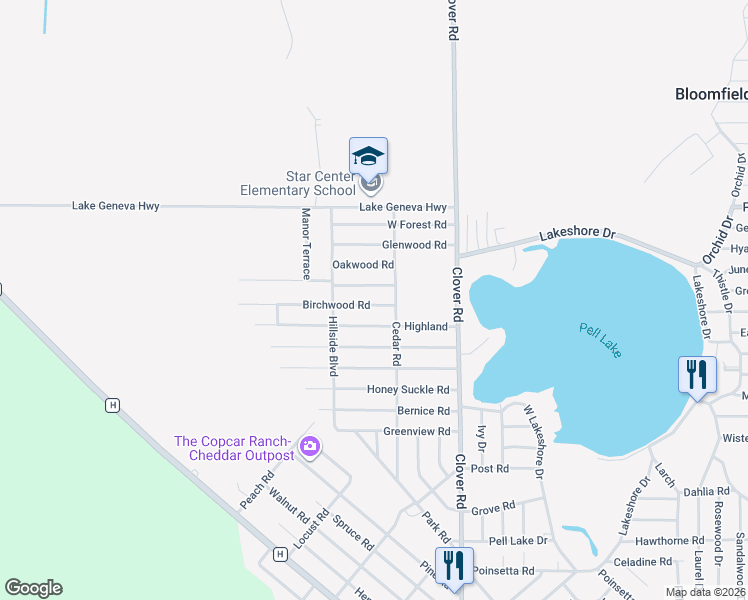 map of restaurants, bars, coffee shops, grocery stores, and more near W1372 Hollywood Road in Genoa City