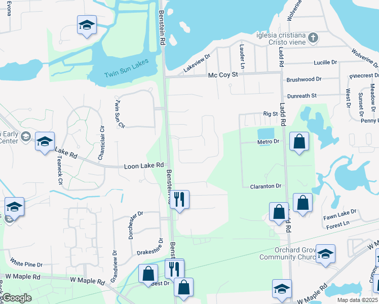 map of restaurants, bars, coffee shops, grocery stores, and more near 1614 Nottingham Court in Commerce Charter Township