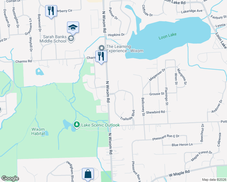 map of restaurants, bars, coffee shops, grocery stores, and more near 1484 Trailside Boulevard in Wixom