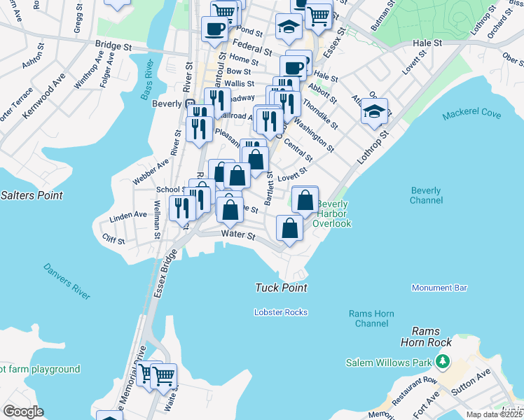map of restaurants, bars, coffee shops, grocery stores, and more near in Beverly