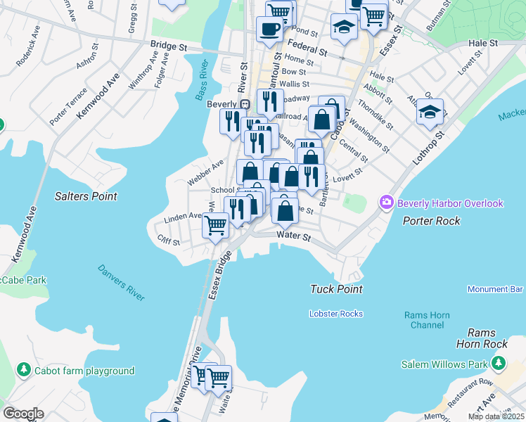 map of restaurants, bars, coffee shops, grocery stores, and more near 50 Cabot Street in Beverly