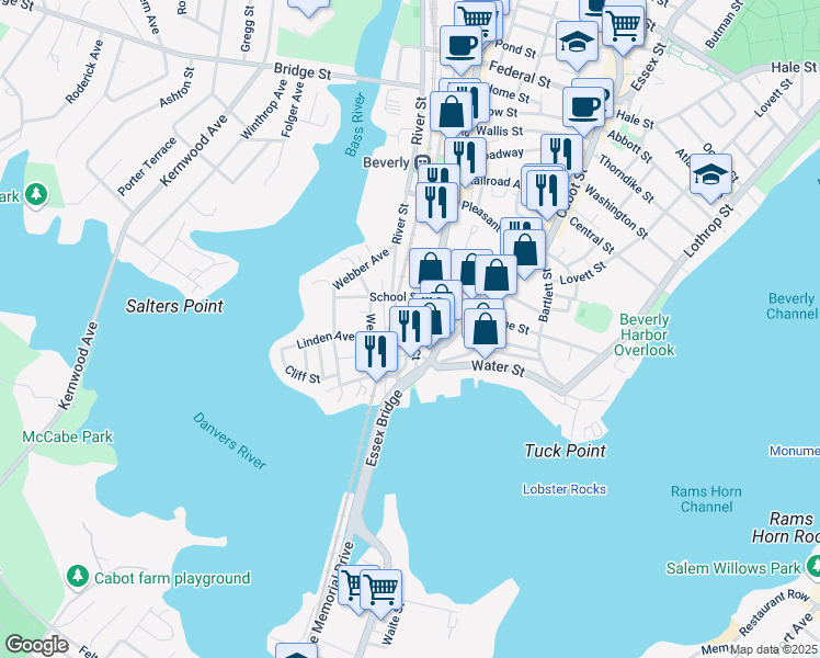 map of restaurants, bars, coffee shops, grocery stores, and more near 25 Cox Court in Beverly