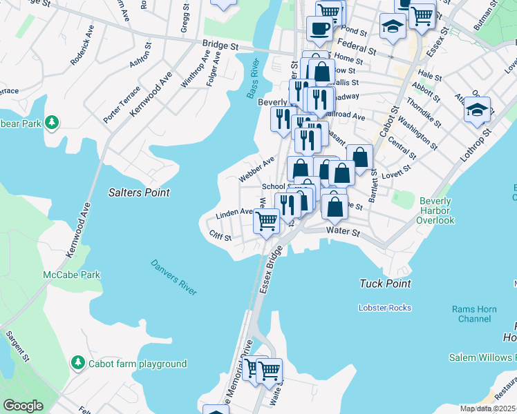 map of restaurants, bars, coffee shops, grocery stores, and more near 38 School Street in Beverly