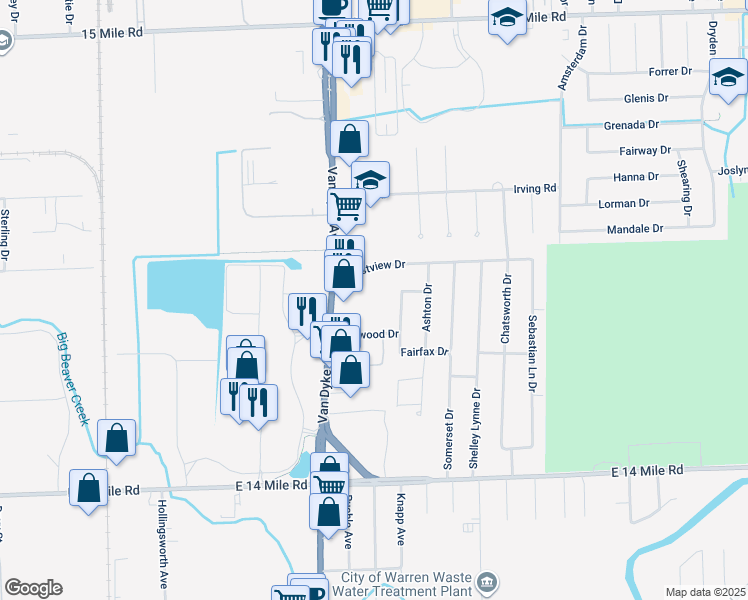 map of restaurants, bars, coffee shops, grocery stores, and more near 33815 Elford Drive in Sterling Heights