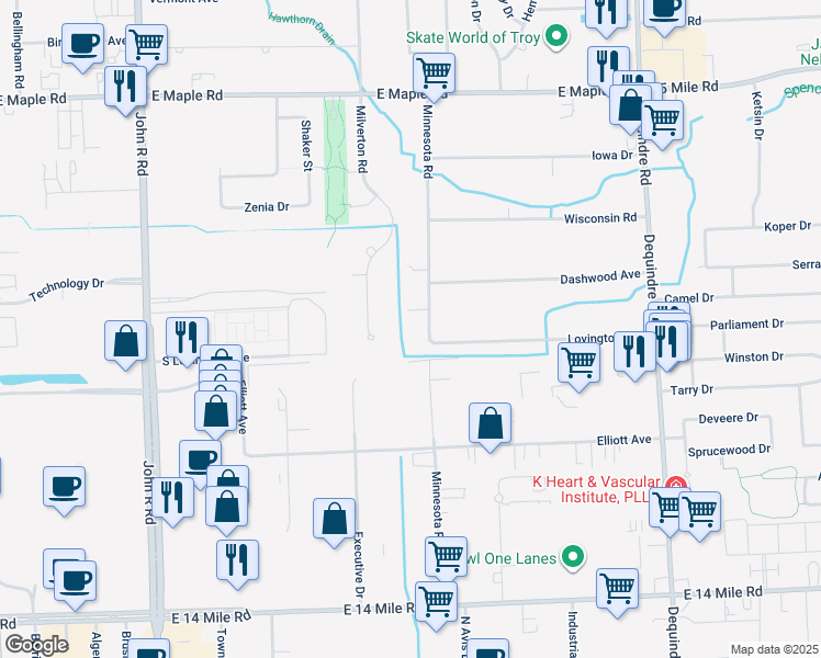 map of restaurants, bars, coffee shops, grocery stores, and more near 895 Minnesota Drive in Troy