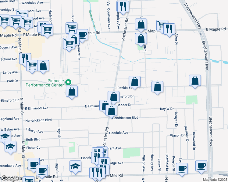 map of restaurants, bars, coffee shops, grocery stores, and more near 931 Rankin Drive in Troy