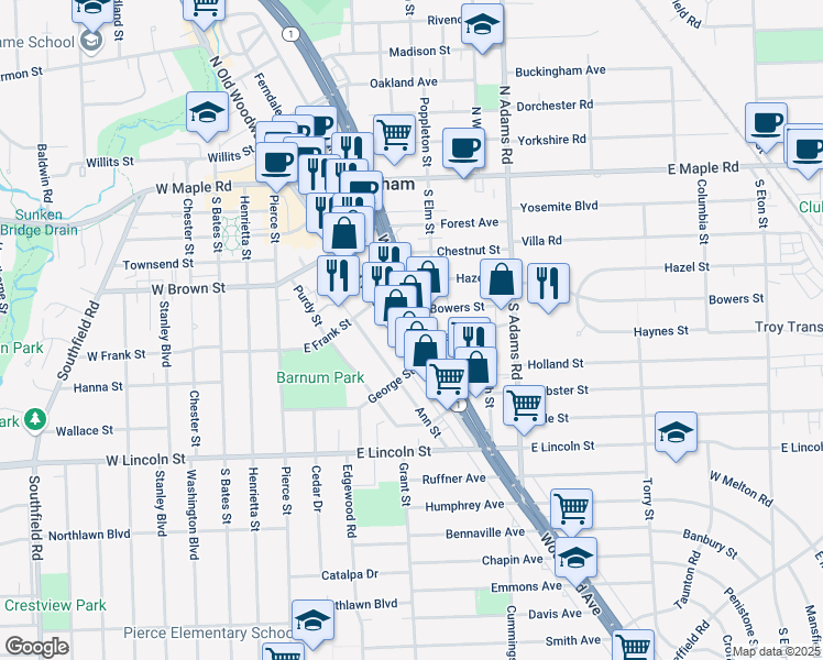 map of restaurants, bars, coffee shops, grocery stores, and more near in Birmingham