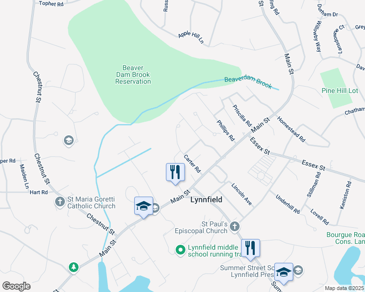 map of restaurants, bars, coffee shops, grocery stores, and more near 65 Carter Road in Lynnfield