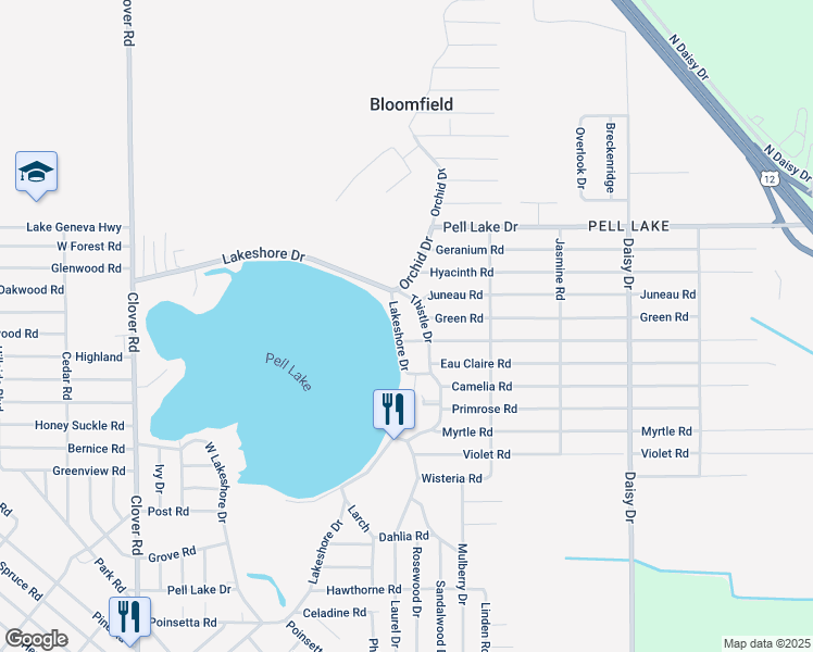 map of restaurants, bars, coffee shops, grocery stores, and more near N1435 Thistle Drive in Genoa City