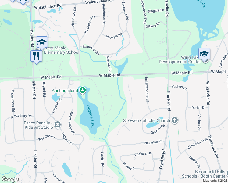 map of restaurants, bars, coffee shops, grocery stores, and more near 6791 Crestway Drive in Bloomfield Hills