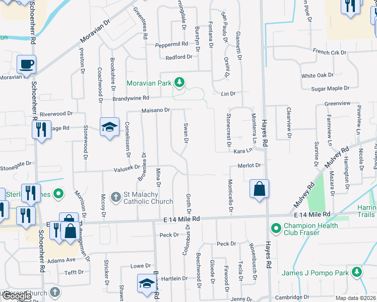 map of restaurants, bars, coffee shops, grocery stores, and more near 33526 Swan Drive in Sterling Heights