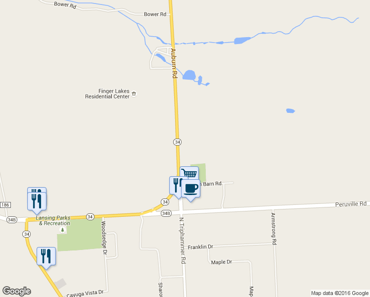 map of restaurants, bars, coffee shops, grocery stores, and more near 183 Auburn Road in Lansing